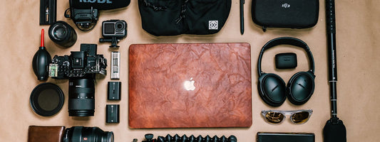 Professional camera gear laid out on a surface