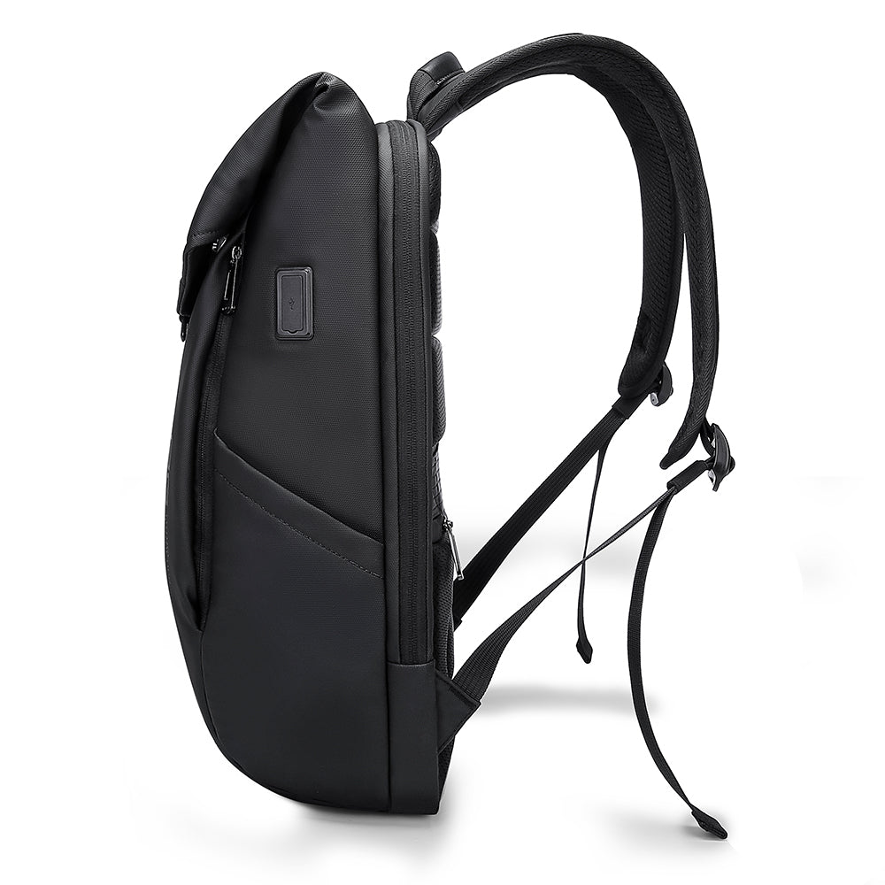 Side of black BANGE backpack with USB port, padded straps, and slim ergonomic back design.