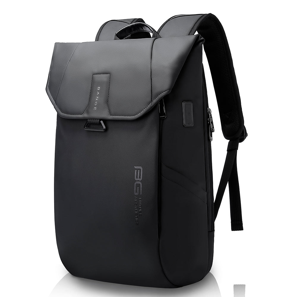 Black flap-top BANGE backpack with USB port, padded straps, and water-resistant modern design.