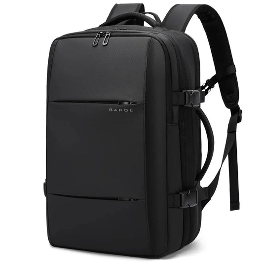 BANGE expandable travel backpack with compression straps, minimalist black design for business and carry-on travel