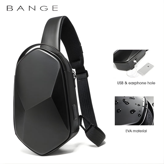 BANGE Pollux 7213 sling bag in black, front view with insets of USB port and water beading on the shell
