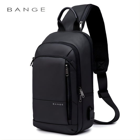 BANGE black anti-theft sling bag with multiple zippered compartments and padded shoulder strap