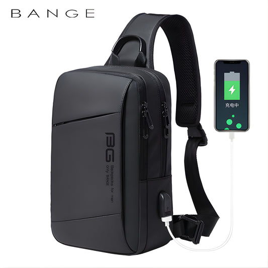 BANGE black waterproof sling crossbody bag with USB charging port and adjustable shoulder strap