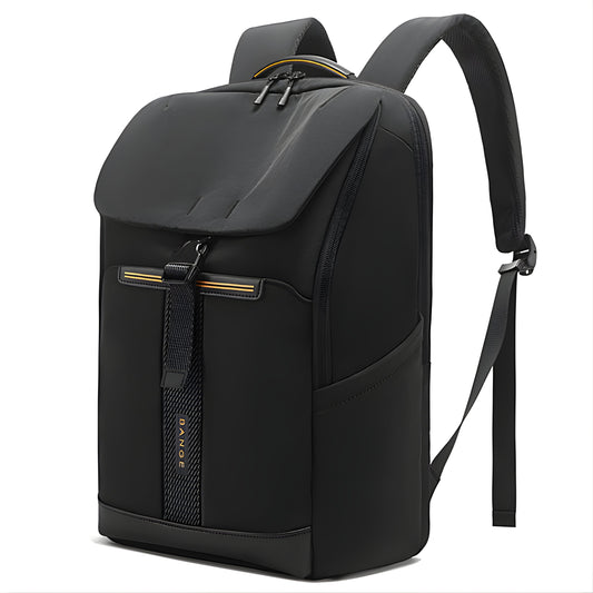 BANGE black waterproof laptop backpack with gold zipper accents and anti-theft flap closure