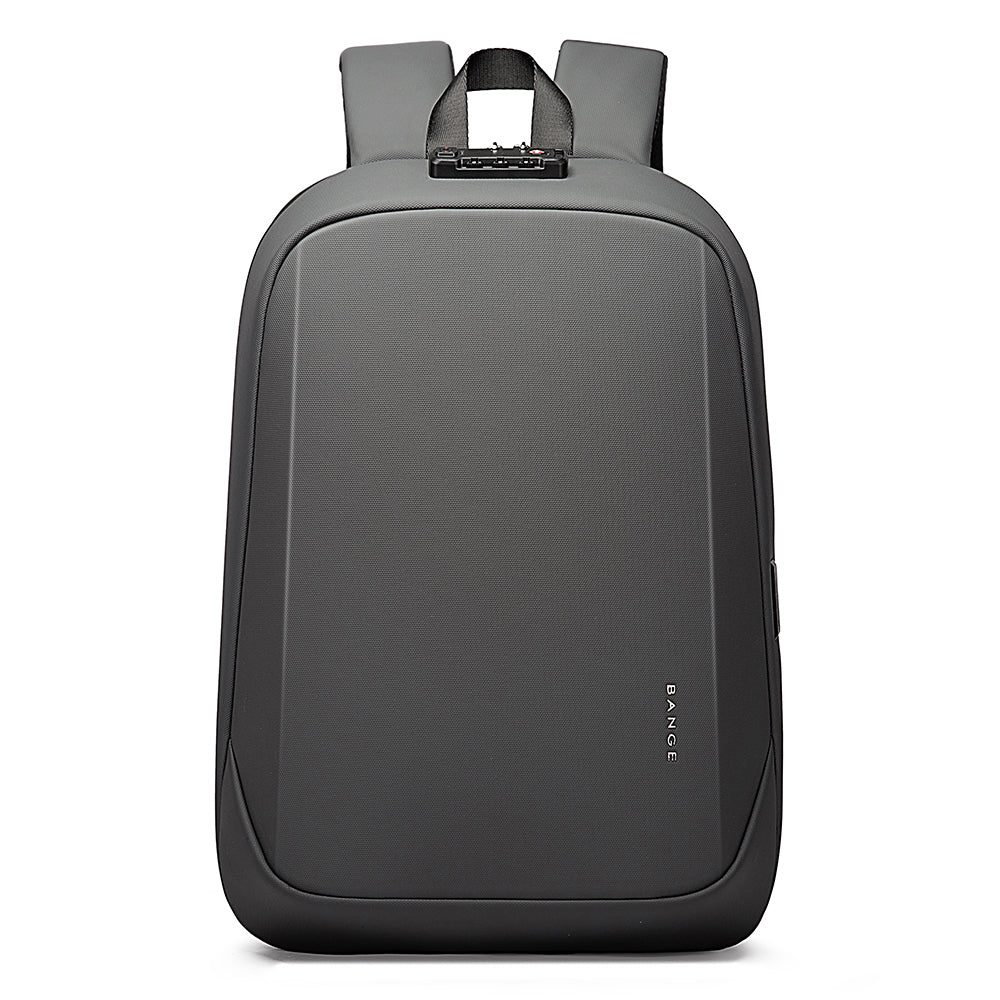 Front view of grey BANGE anti-theft backpack with TSA lock and sleek hard-shell design.