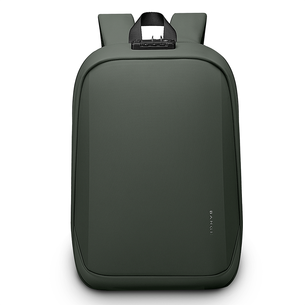 Front view of olive green BANGE backpack with TSA lock and sleek water-resistant anti-theft design.