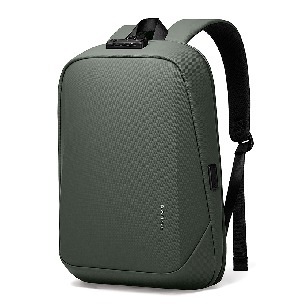 Green BANGE anti-theft backpack with TSA lock, USB port, and sleek water-resistant design.
