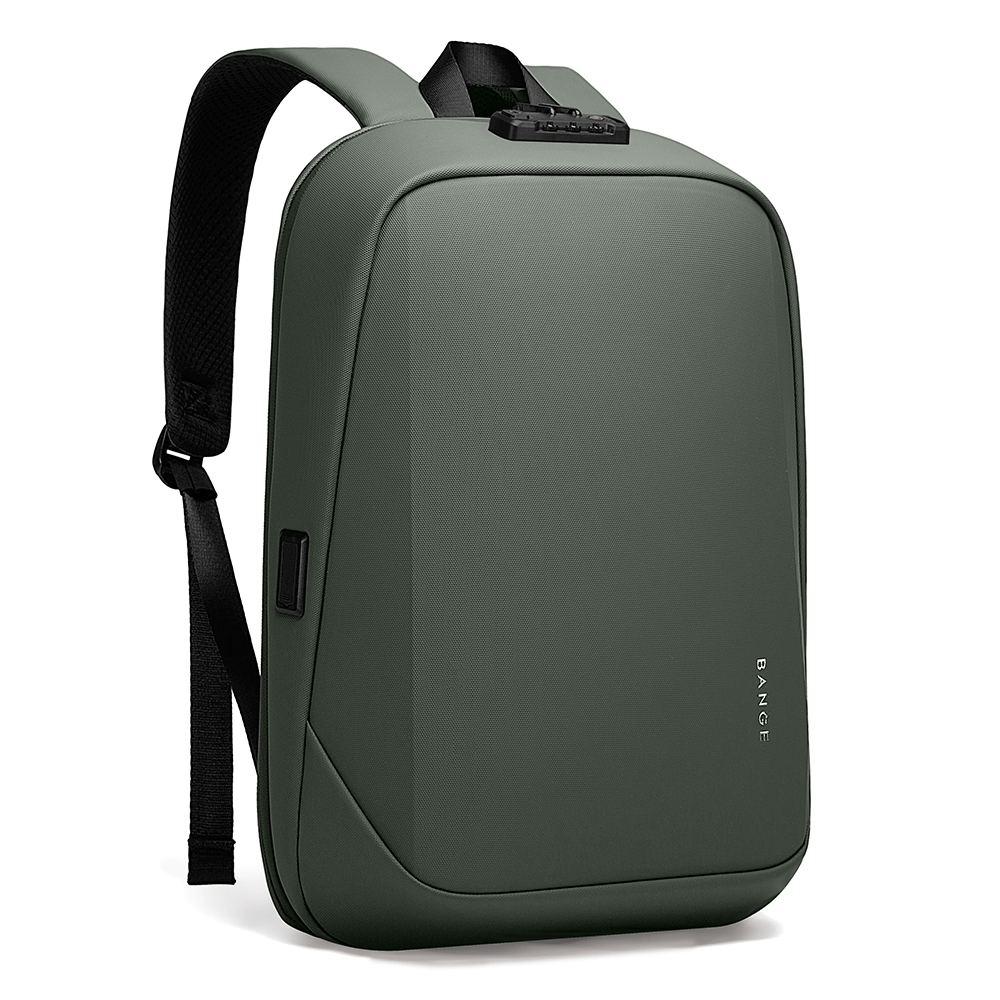 Olive green BANGE backpack with TSA lock, USB charging port, and anti-theft minimalist design.