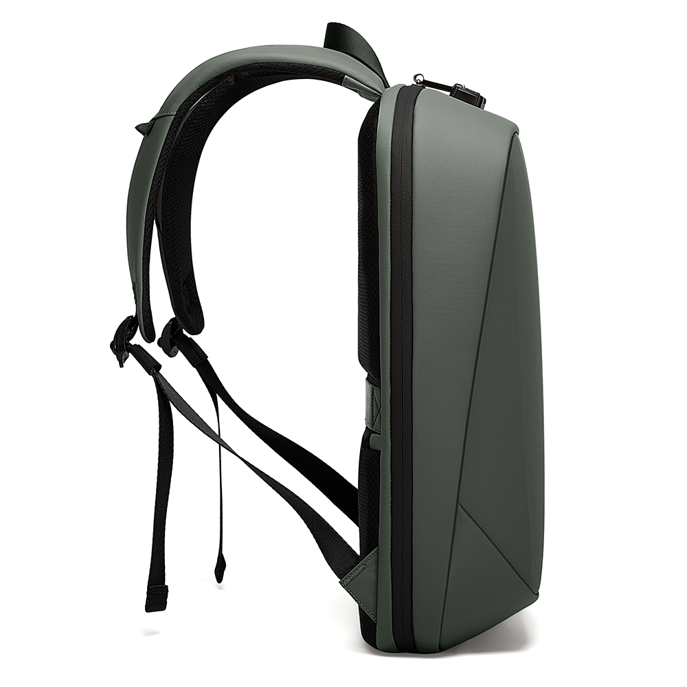 Side view of olive green anti-theft backpack with padded straps and slim water-resistant shell.