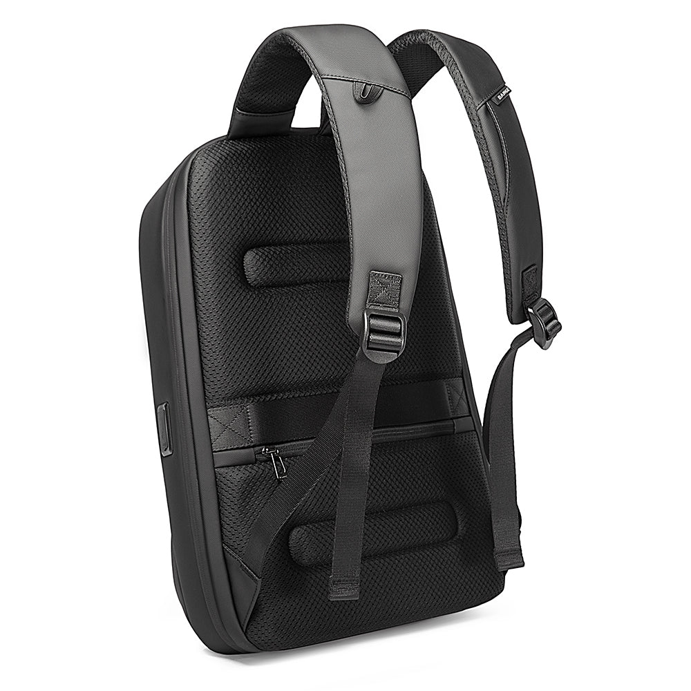 Black anti-theft backpack with padded straps, mesh back, and hidden rear zipper pocket.