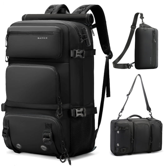 BANGE 1810 black anti-theft travel backpack shown with convertible carry options, including backpack, shoulder bag, and duffel configuration, on a white background