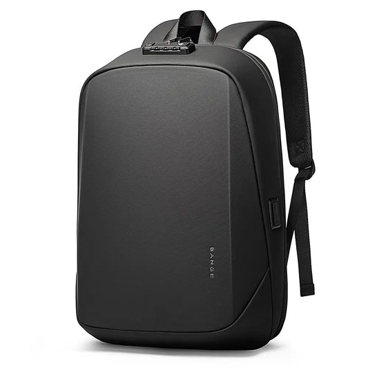 BANGE 7251 black minimalist backpack with secure top lock on a white background