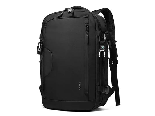Front view of black BANGE BG-22039 Tenra backpack with minimalist waterproof design, vertical zip pocket, and padded shoulder straps