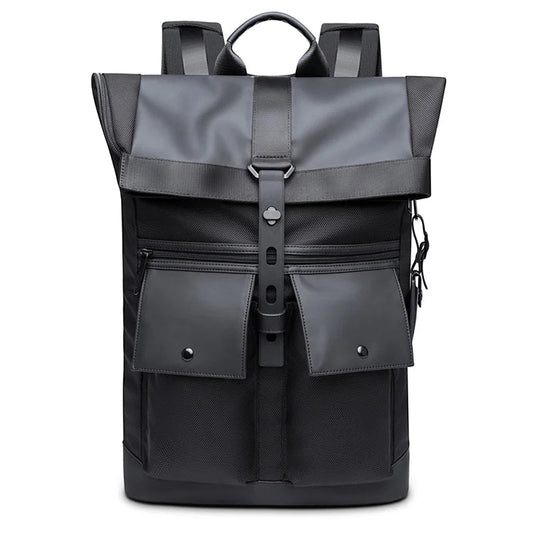 Front view of the BANGE BG-G65 roll-top backpack with buckle closure, front zip pocket, and structured design on a white background
