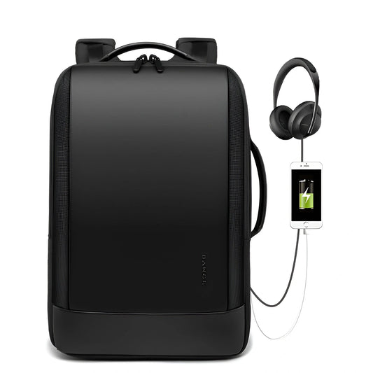 Front view of the BANGE BG-S52 anti-theft laptop backpack with sleek hard shell design, built-in USB charging port connected to a smartphone and headphones, displayed on a white background