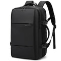 BANGE expandable travel backpack with compression straps, minimalist black design for business and carry-on travel
