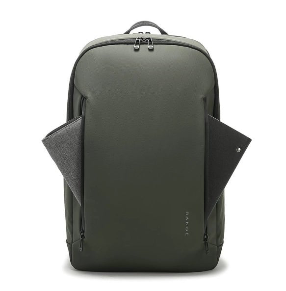 Rynex BANGE BG-3057 green backpack front view, slim minimalist design, waterproof high-density polyester with 900D leather film, ideal for professionals, students, and travelers