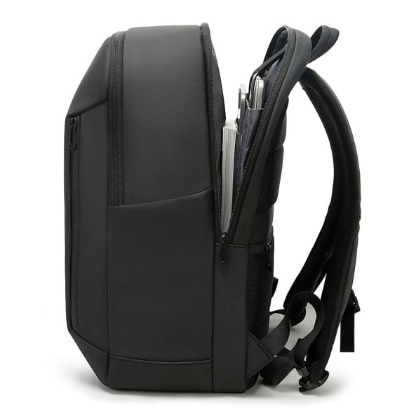 Rynex BANGE BG-3057 gray backpack side, slim yet spacious design, durable 900D leather film protects contents from bumps and scratches