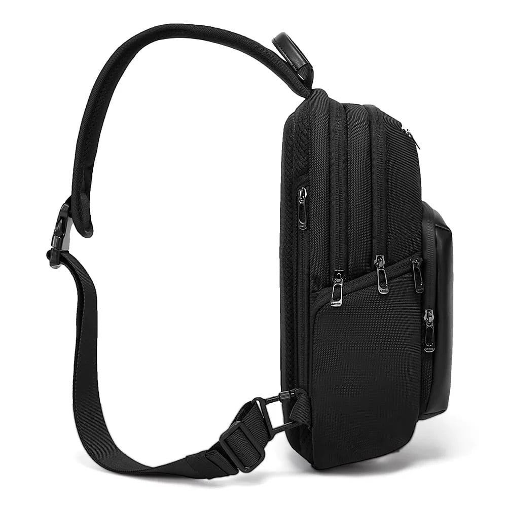 Cyvox BANGE BG‑7718 sling bag side view, adjustable padded shoulder strap, lightweight and compact, convenient for hands-free travel