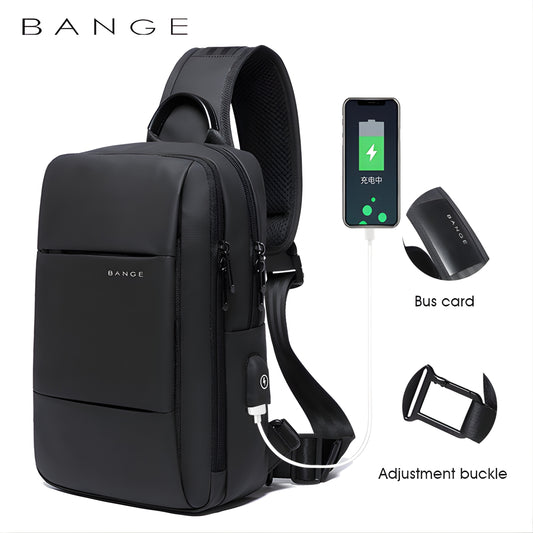 BANGE black sling bag with USB charging port and bus card pocket for daily travel
