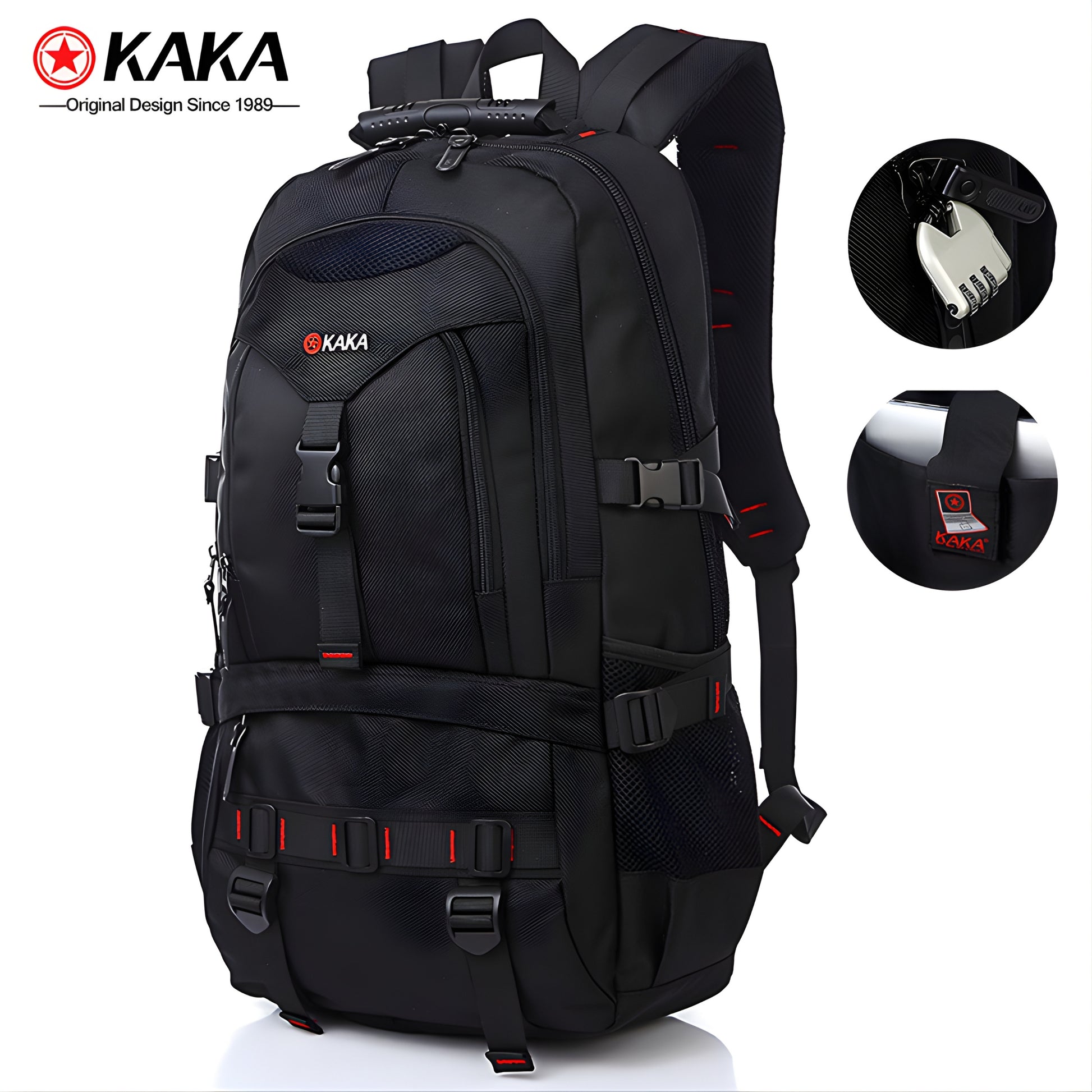 KAKA black large capacity hiking backpack with TSA lock and compression straps for travel