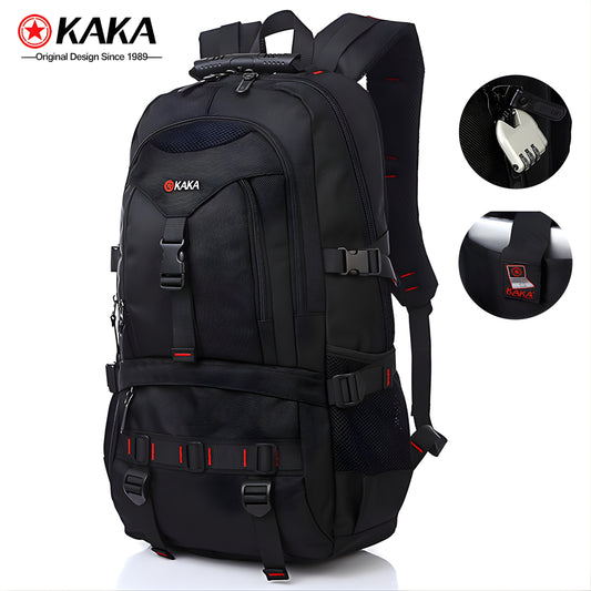 KAKA black large capacity hiking backpack with TSA lock and compression straps for travel