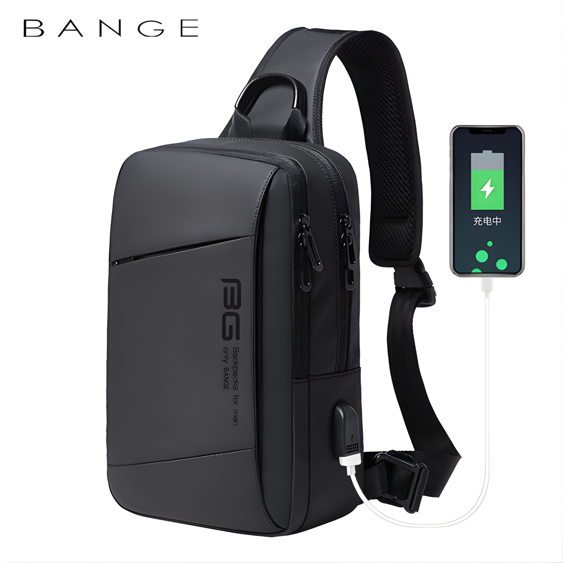 BANGE black waterproof sling crossbody bag with USB charging port and adjustable shoulder strap