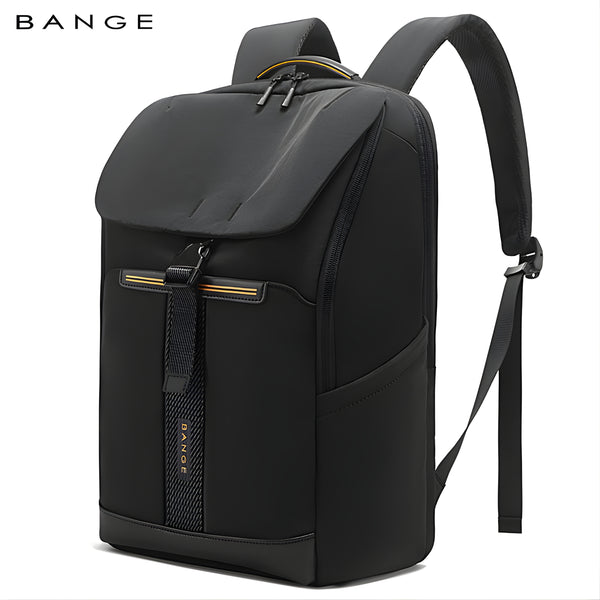 BANGE black waterproof laptop backpack with gold zipper accents and anti-theft flap closure