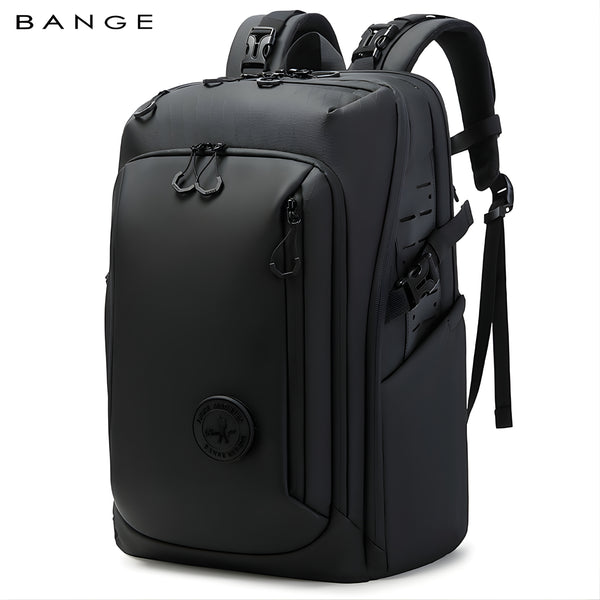 BANGE black large capacity waterproof travel backpack with carabiner clips and multiple compartments