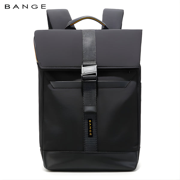 BANGE black leather business backpack with woven strap detail and top carry handle