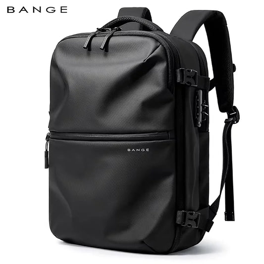 Aurex sleek black travel backpack by BANGE with front zipper pocket and water-resistant finish, ideal for business and daily use.
