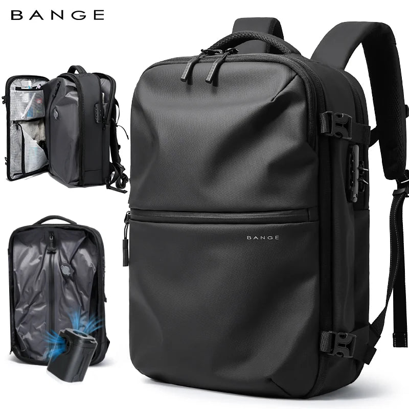 Aurex black backpack with multiple compartments and waterproof shoe pocket, designed for travel, business, and gym use.