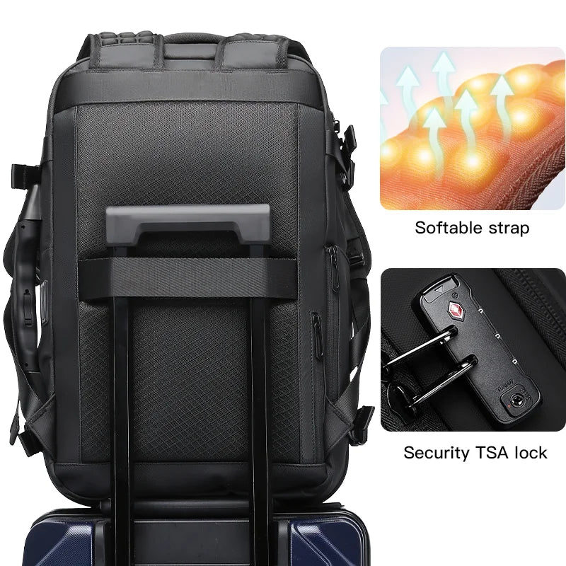 Rheon 1909-8 black backpack back panel and padded straps and secure TSA lock system