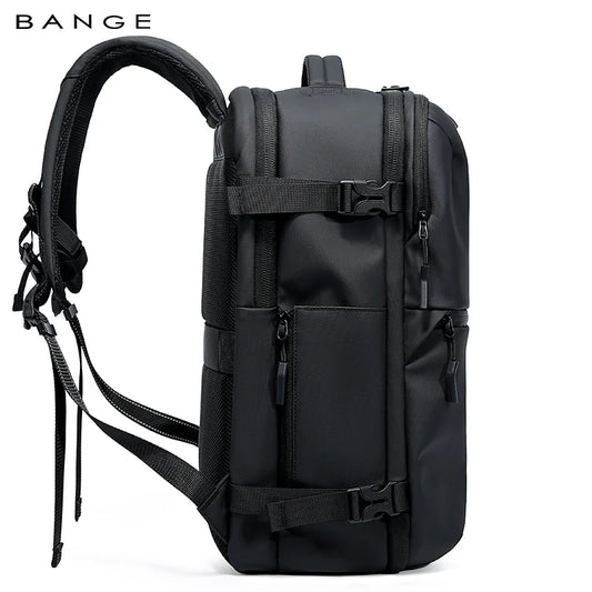 Side view of Aurex black backpack featuring adjustable straps, side compartments, and durable buckles for secure travel packing.