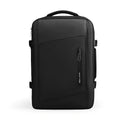 Front view of Mark Ryden MR-9299 black expandable laptop backpack showing water-resistant Oxford fabric, sleek minimalist design, and vertical quick-access zipper pocket