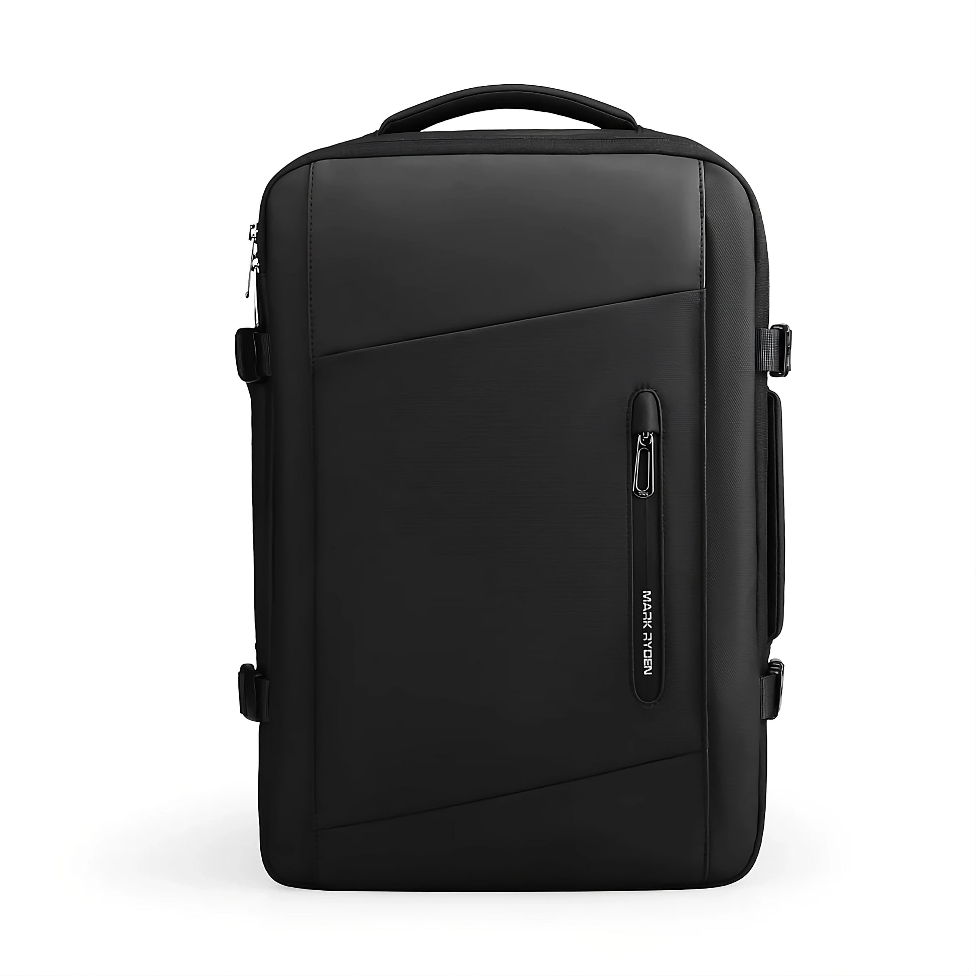 Front view of Mark Ryden MR-9299 black expandable laptop backpack showing water-resistant Oxford fabric, sleek minimalist design, and vertical quick-access zipper pocket