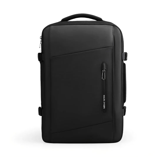 Front view of Mark Ryden MR-9299 black expandable laptop backpack showing water-resistant Oxford fabric, sleek minimalist design, and vertical quick-access zipper pocket