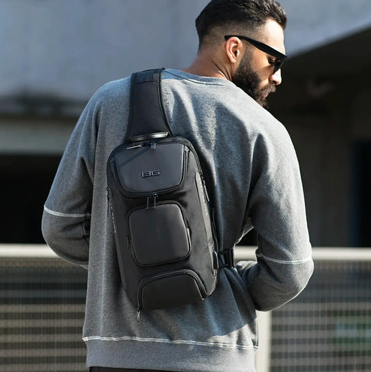 men wearing bange sling backpack