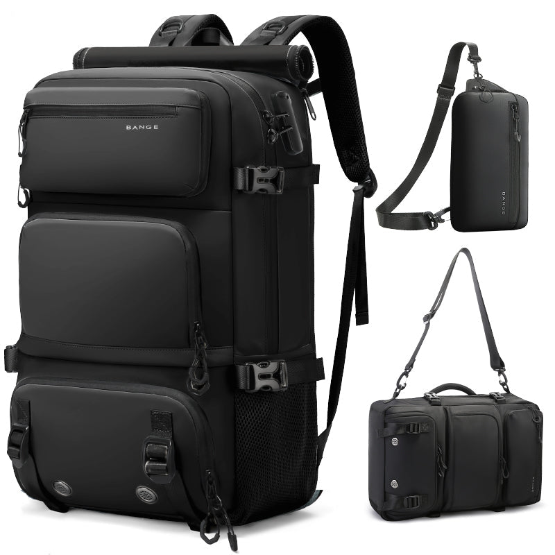 BANGE 1810 black anti-theft travel backpack shown with convertible carry options, including backpack, shoulder bag, and duffel configuration, on a white background
