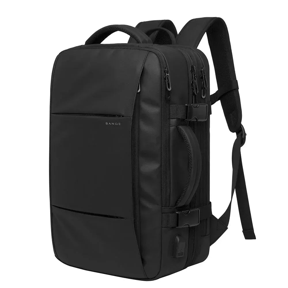 Front angled view of a black BANGE 1908 Coreva waterproof backpack on a white background