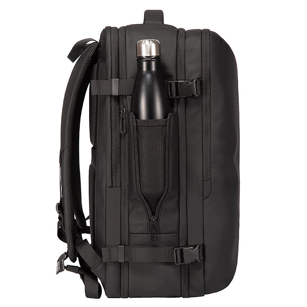 BANGE 1909 black backpack side view with water bottle pocket on a white background