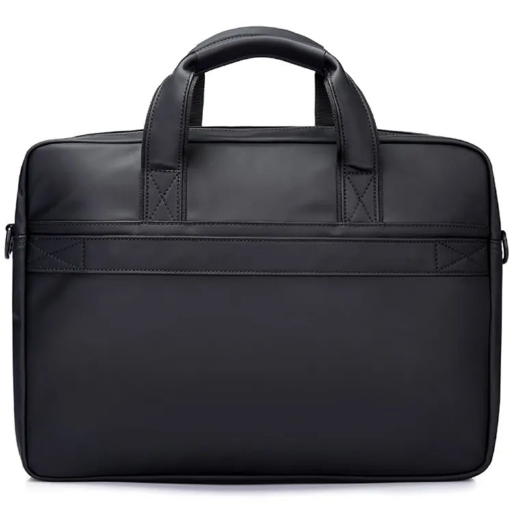 Back view of the BANGE 2559 premium black laptop briefcase with reinforced stitching, clean minimalist design, and smooth padded structure on a white background