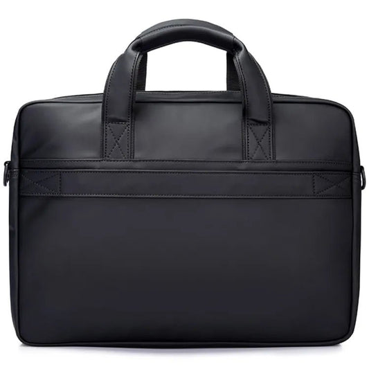 Back view of the BANGE 2559 premium black laptop briefcase with reinforced stitching, clean minimalist design, and smooth padded structure on a white background