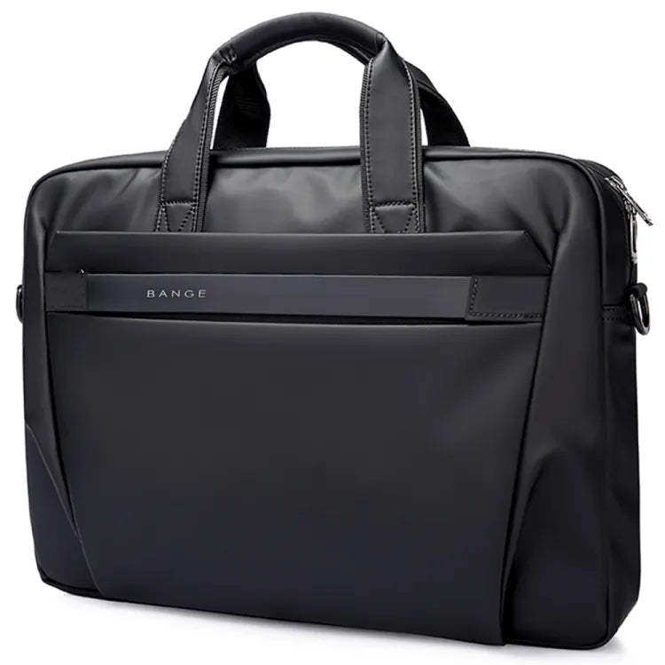 Front view of the BANGE 2559 premium black laptop briefcase with top handles, minimalist design, and subtle BANGE branding on a white background
