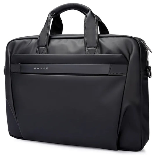 Front view of the BANGE 2559 premium black laptop briefcase with top handles, minimalist design, and subtle BANGE branding on a white background