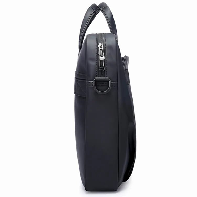 Side view of the BANGE 2559 premium black laptop briefcase showing slim profile, top handle, and smooth structured design on a white background