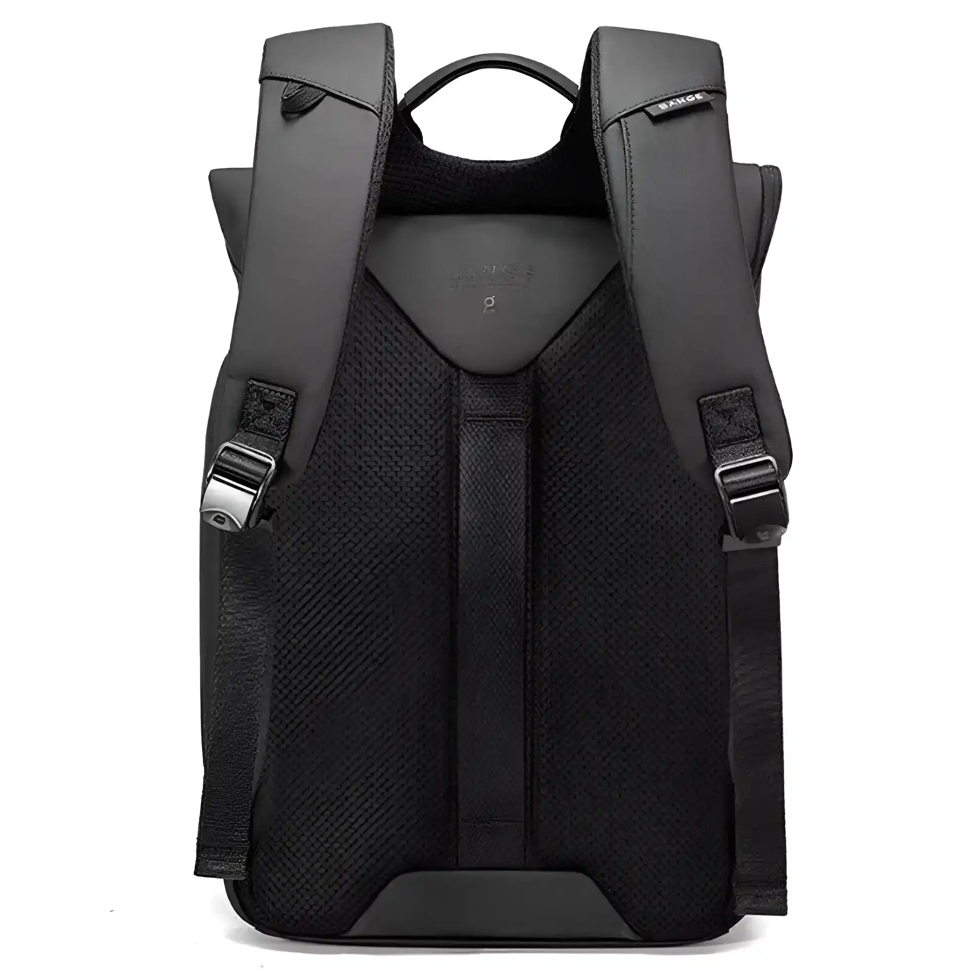 BANGE 2888 black roll-top backpack back view with padded shoulder straps on a white background