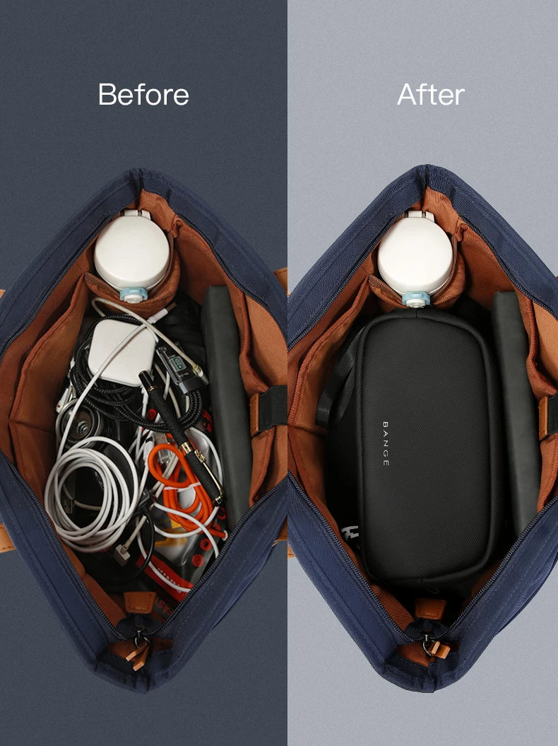 Bag interior before and after using the BANGE 3066 cable organizer pouch