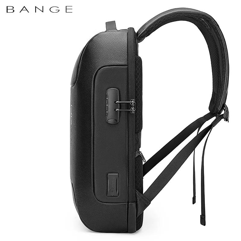 Side view of the BANGE 6622 leather anti-theft laptop backpack showing the integrated TSA lock, slim profile, padded shoulder straps, and premium black leather finish on a white background