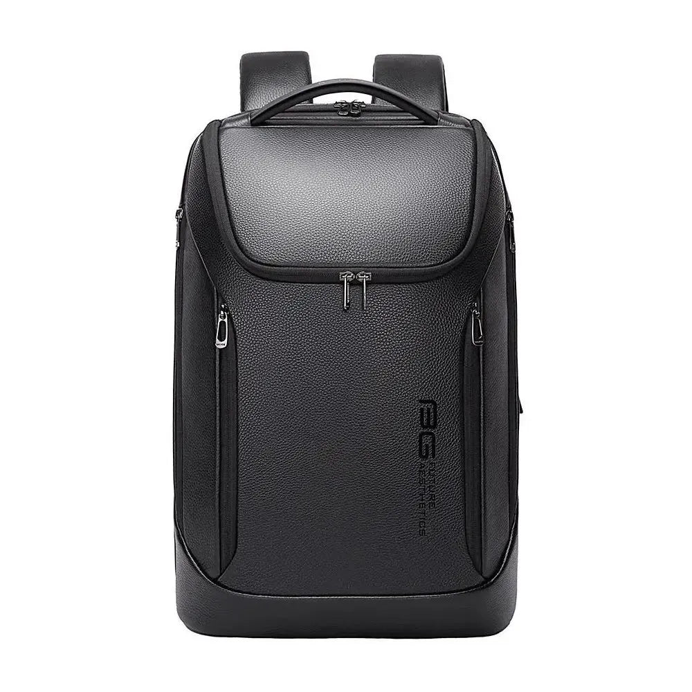 Front view of the BANGE 6623 leather anti-theft laptop backpack featuring a sleek minimalist design, textured leather finish, secure zippers, and a top handle on a white background